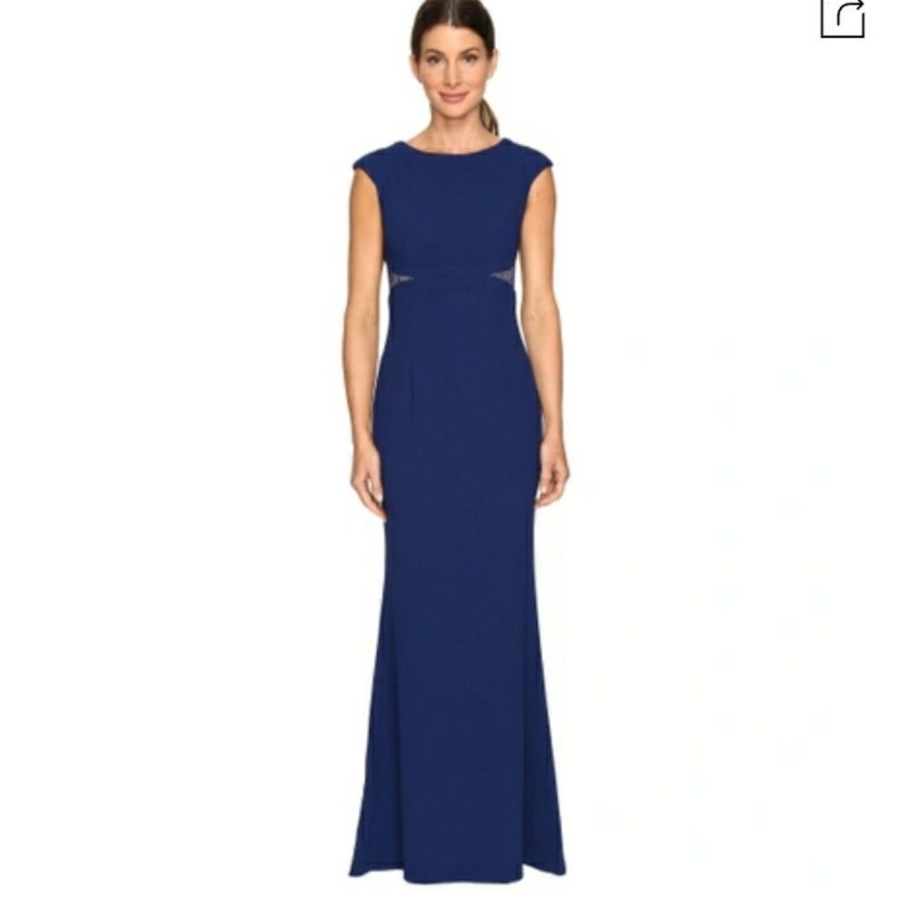 Aidan MATTOX LACE INSET CREPE GOWN IN NAVY